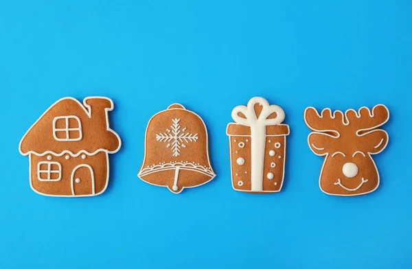 Different Christmas Gingerbread Cookies Light Blue Background Flat Lay — Stock Photo, Image