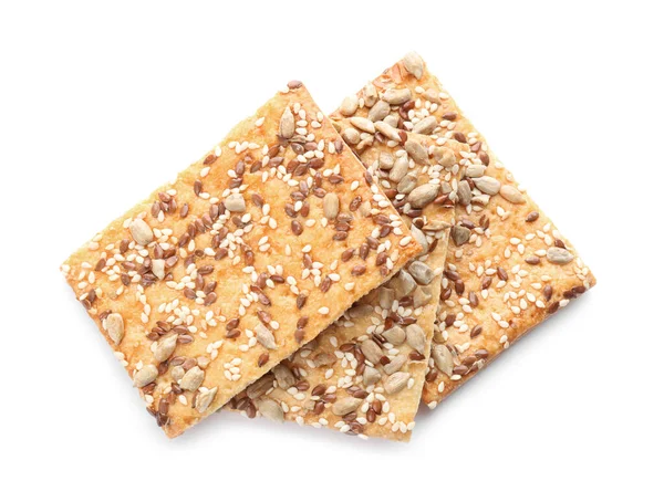 Köstliche Knusprige Cracker Mit Verschiedenen Samen Isoliert Auf Weiß Von — Stockfoto
