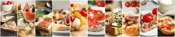 Collage Diverse Gustose Bruschette Design Banner — Foto Stock