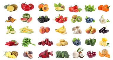 Assortment of organic fresh fruits and vegetables on white background. Banner design clipart