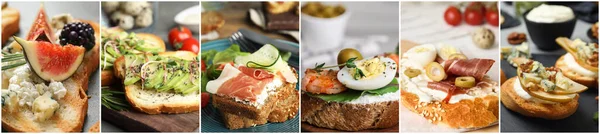 Collage Different Tasty Bruschettas Banner Design — Stock Photo, Image