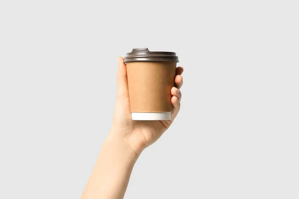 Woman Holding Takeaway Paper Coffee Cup Light Grey Background Closeup — Stock Photo, Image