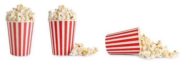 Set Pappbecher Mit Leckerem Popcorn Auf Weißem Hintergrund Bannerdesign — Stockfoto