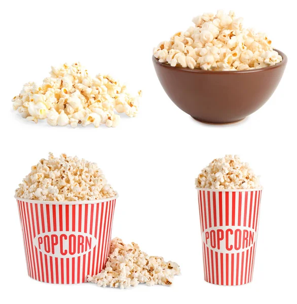 Collage Mit Leckerem Popcorn Auf Weißem Hintergrund — Stockfoto