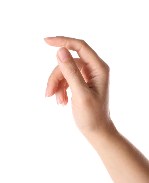Frau Zeigt Auf Etwas Auf Weißem Hintergrund Nahaufnahme Der Hand — Stockfoto