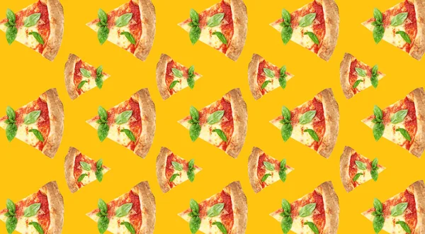 Pizza Řezy Žlutém Pozadí Návrh Předlohy — Stock fotografie