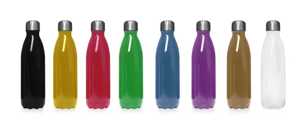 Set Moderner Thermosflaschen Verschiedenen Farben Auf Weißem Hintergrund Bannerdesign — Stockfoto