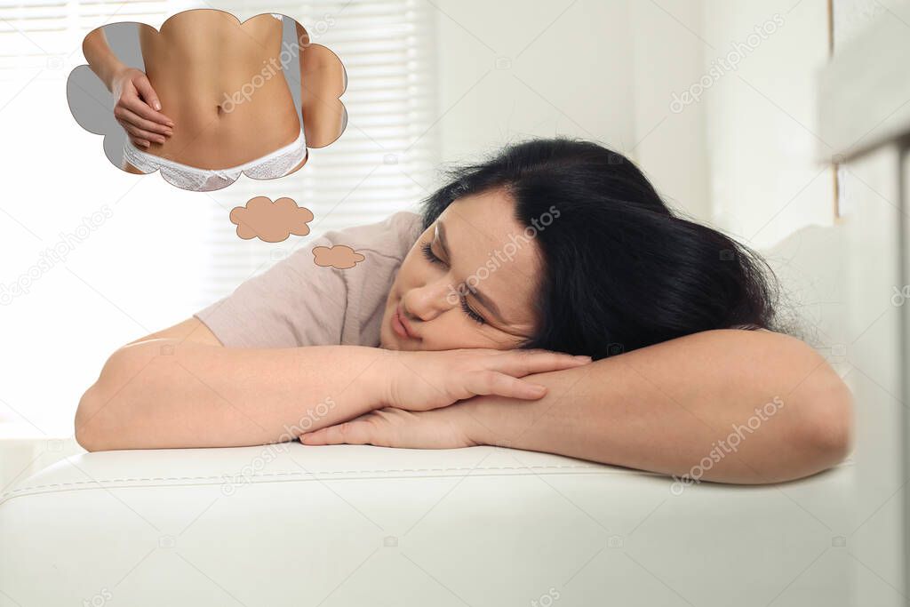 Overweight woman seeing dreams about slim body while sleeping. Weight loss concept
