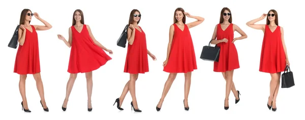 Beyaz Arka Planda Kırmızı Elbiseli Kadın Fotoğraflarıyla Kolaj Pankart Tasarımı — Stok fotoğraf