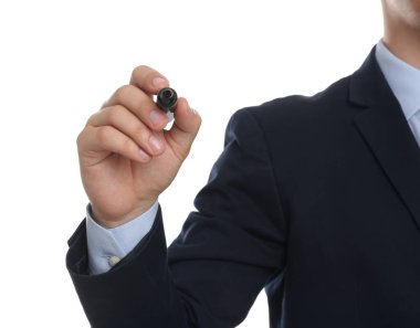 Beyaz arkaplana karşı işaretli işadamı, ele odaklan