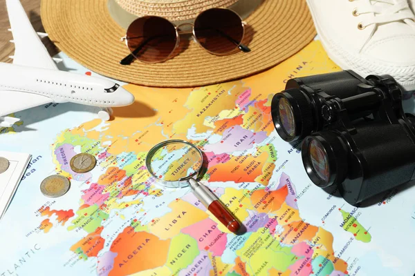 Diferentes Elementos Mapa Del Mundo Viajar Durante Las Vacaciones Verano — Foto de Stock