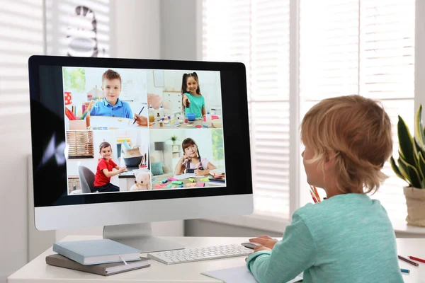 Little Boy Studying Classmates Video Conference Home Distance Learning Covid — Stock Photo, Image