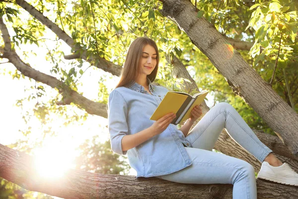 Mujer Joven Leyendo Libro Sobre Árbol Parque — Foto de Stock