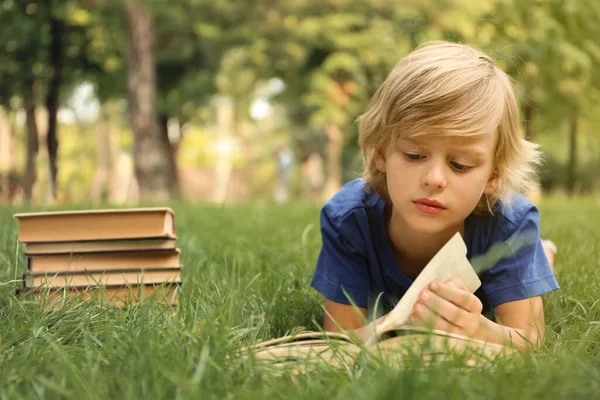 Lindo Niño Leyendo Libro Sobre Hierba Verde Parque — Foto de Stock