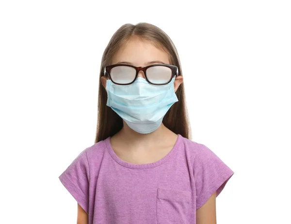 Little Girl Foggy Glasses Caused Wearing Disposable Mask White Background — Stock Photo, Image