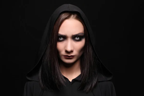 Mysterious Witch Spooky Eyes Black Background — Stock Photo, Image