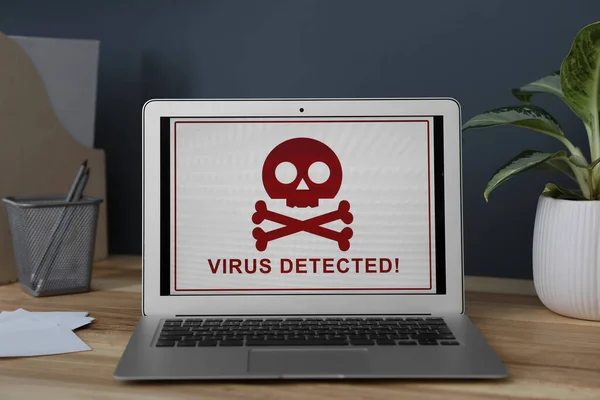 Laptop Warning Virus Attack Wooden Table Office — Stock Photo, Image