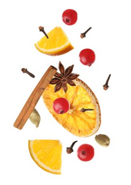 Turuncu, kızılcık ve beyaz arka plana düşen farklı baharatlar. Sıcak şarap malzemeleri.