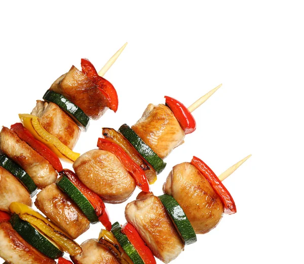 Delicioso Frango Shish Kebabs Com Legumes Fundo Branco — Fotografia de Stock