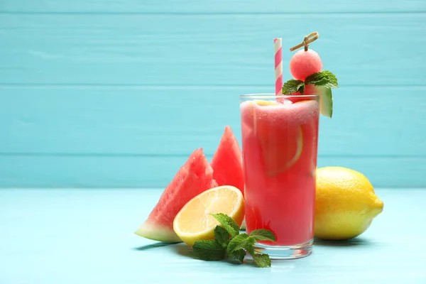 Delicious Fresh Watermelon Drink Light Blue Wooden Table Space Text — Stock Photo, Image