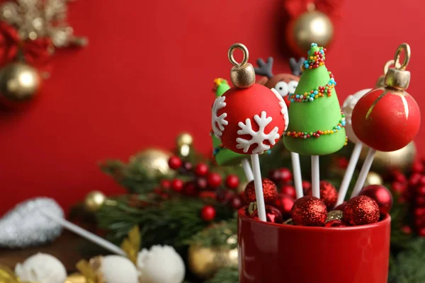 Delicious Christmas Themed Cake Pops Blurred Background Closeup Space Text — Stock Photo, Image