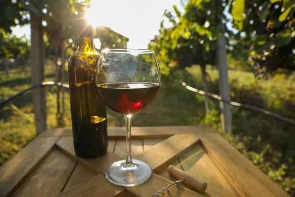 Bottiglia Bicchiere Vino Rosso Sul Tavolo Legno Vigna — Foto Stock
