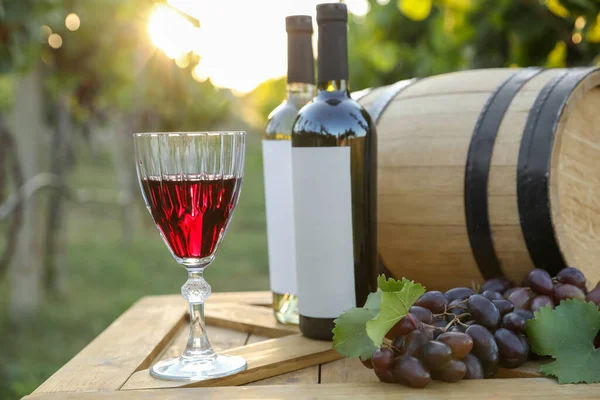 Samenstelling Met Wijn Rijpe Druiven Houten Tafel Wijngaard — Stockfoto