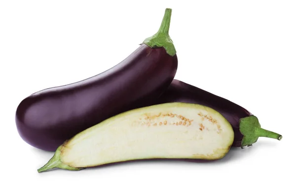Cut Whole Fresh Ripe Eggplants Isolated White — Stock Photo, Image