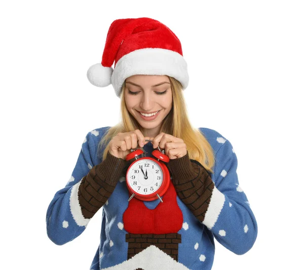 Mujer Sombrero Santa Con Despertador Sobre Fondo Blanco Cuenta Atrás —  Fotos de Stock