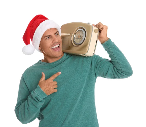 Homme Émotionnel Avec Radio Vintage Sur Fond Blanc Musique Noël — Photo
