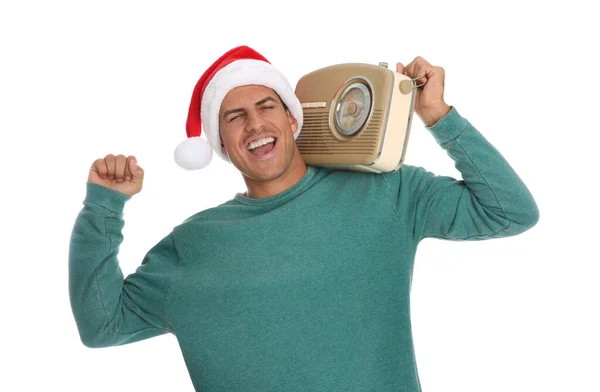 Emotionaler Mann Mit Vintage Radio Auf Weißem Hintergrund Weihnachtsmusik — Stockfoto