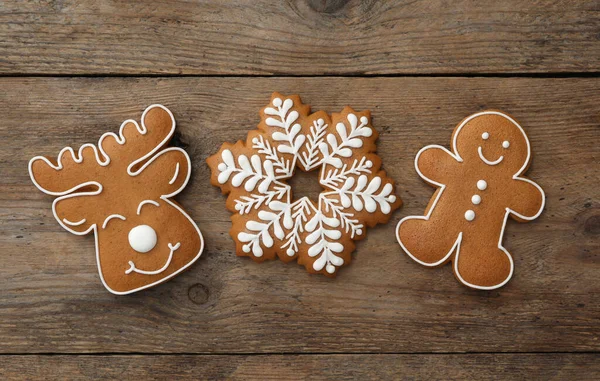 Different Delicious Christmas Cookies Wooden Table Flat Lay — Stock Photo, Image