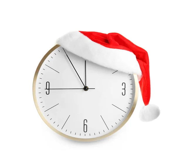 Horloge Avec Chapeau Père Noël Montrant Cinq Minutes Jusqu Minuit — Photo