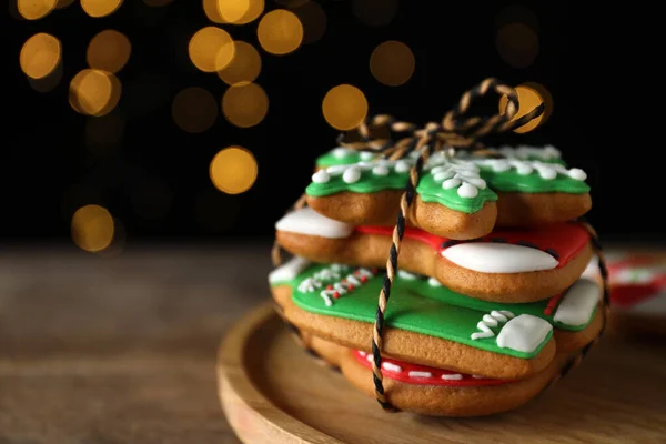 Tasty Christmas Cookies Wooden Table Black Background Blurred Lights Closeup — Stock Photo, Image