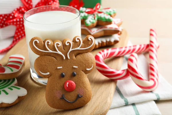 Decorated Christmas Cookies Glass Milk Wooden Table Closeup — Stock Photo, Image