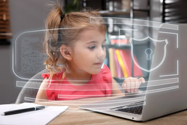 Seguridad Infantil Línea Niña Usando Laptop Casa Ilustración Aplicación Bloqueo —  Fotos de Stock