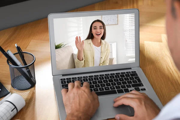 Coworker Arbeiten Online Zusammen Mann Nutzt Video Chat Auf Laptop — Stockfoto