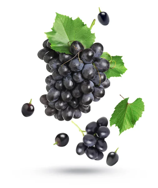 Fresh Ripe Grapes Green Leaves Falling White Background — Stock Photo, Image