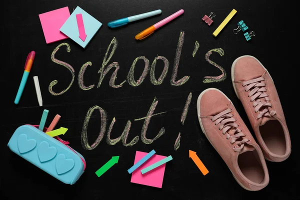 Shoes Stationery Text School Out Written Blackboard Flat Lay Summer — Stock Photo, Image