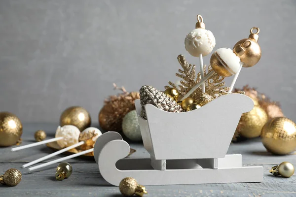 Delicious Christmas Themed Cake Pops Festive Decor Wooden Table Grey — Stock Photo, Image