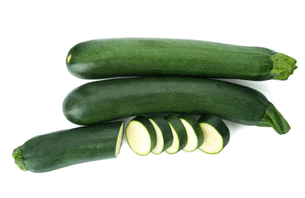 Cut Whole Green Ripe Zucchini Isolated White Top View — Stock Photo, Image