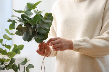 Çiçekçi, çiçekçide okaliptüs dallarından güzel bir buket yapıyor.