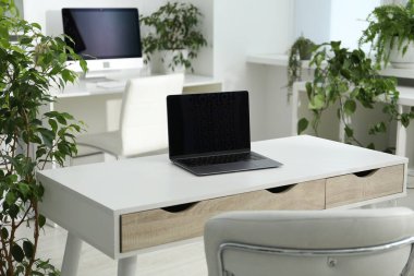 Dizüstü bilgisayarı, modern bilgisayarı ve çiçek dekoru olan şık bir iş yeri. Biyofilik iç tasarım