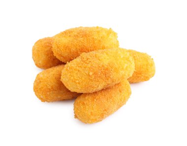 Beyaza izole edilmiş bir sürü lezzetli kızarmış kroket.