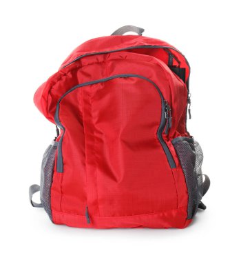 Kırmızı sırt çantası beyaza izole edilmiş. Okula geri dön.