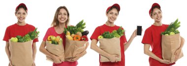 Yiyecek dağıtım işçisi beyaza izole edilmiş, portre kolajı...