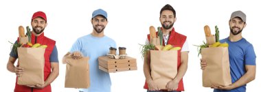 Yiyecek dağıtım işçisi beyaza izole edilmiş, portre kolajı...