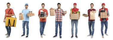 Yiyecek dağıtım işçileri beyazlara izole edilmiş, portre kolajı...