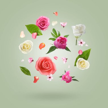 Gökyüzündeki güzel çiçekler ve taç yaprakları yeşil gri gradyan arka plana karşı