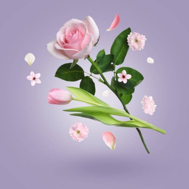 Açık mor renkli arkaplanda güzel çiçekler ve yapraklar var.